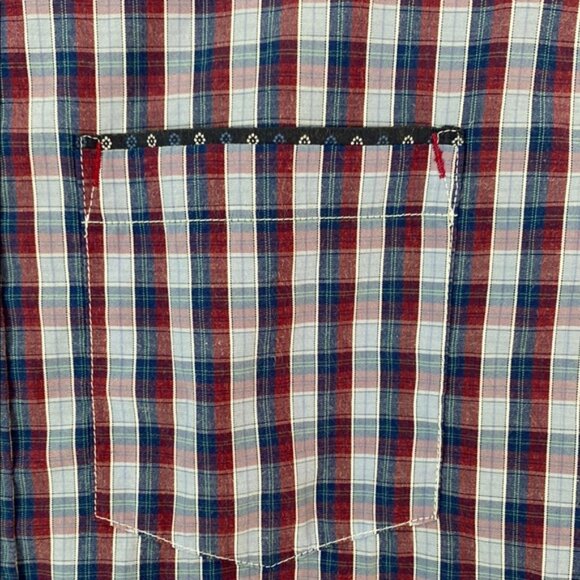 Short Sleeve Button Down Shirt Slim Fit with Blue and Red Gingham Pattern - Picture 3 of 7